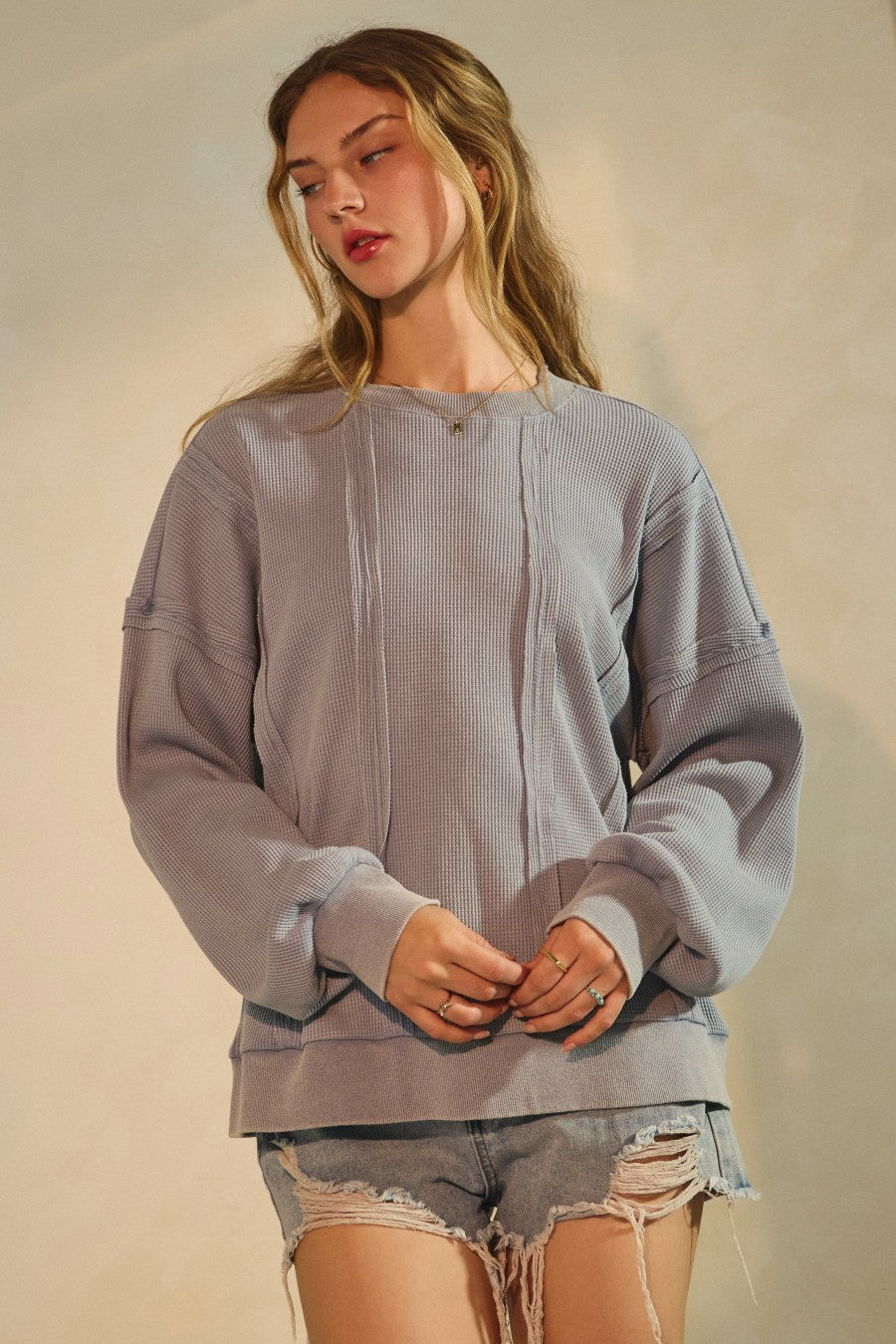 Washed Blue Acid Washed Thermal Textured Pullover
