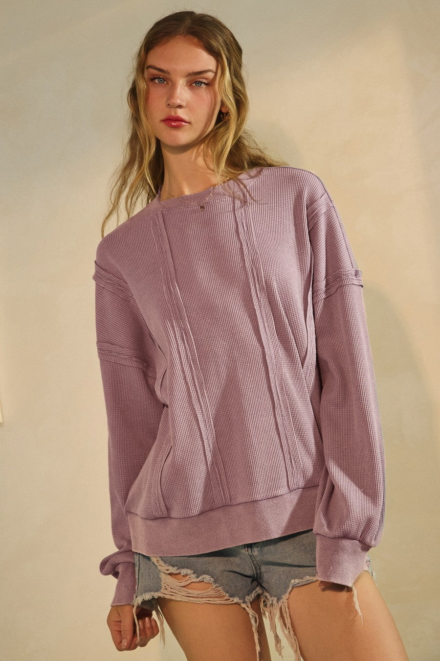 Washed Mauve Acid Washed Thermal Textured Pullover