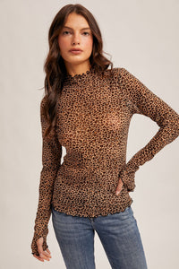 Animal Mesh Print Mock Neck Long Sleeve Top