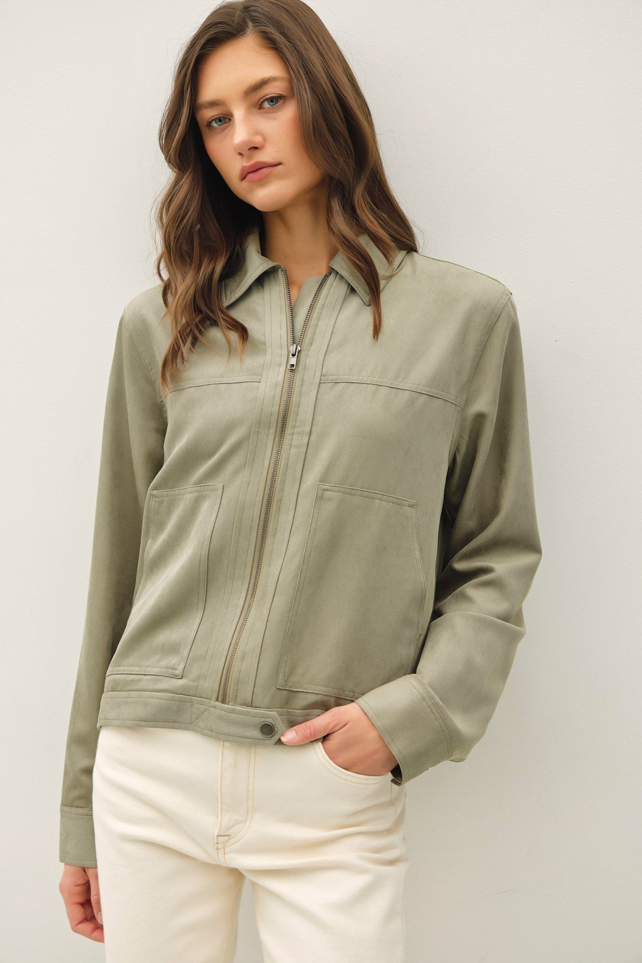 Sage Suede Feel Collared Zip Up Jackets