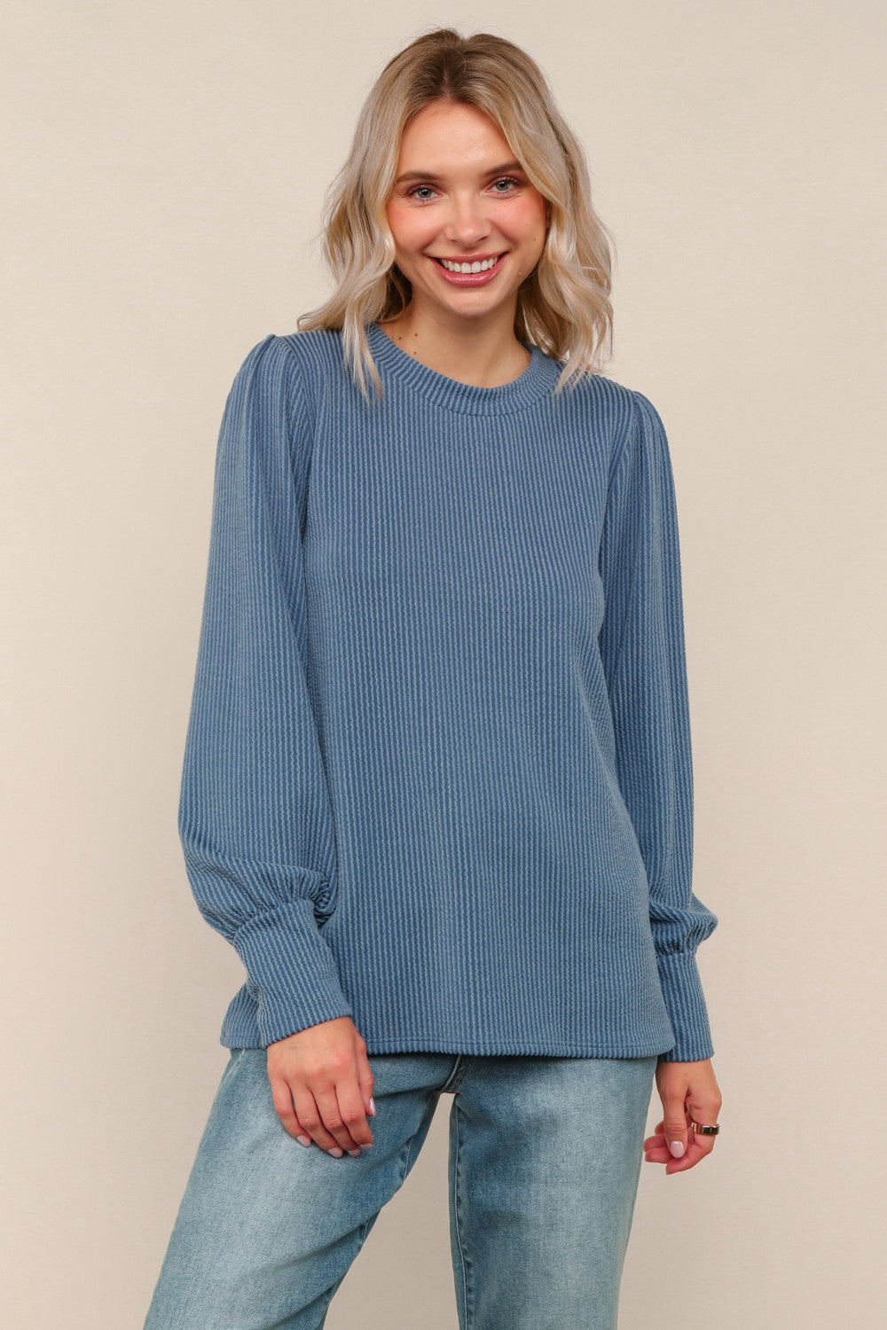 Denim Solid Round Neck Washed Rib Knit Top