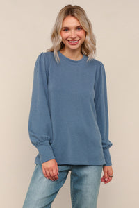 Denim Solid Round Neck Washed Rib Knit Top