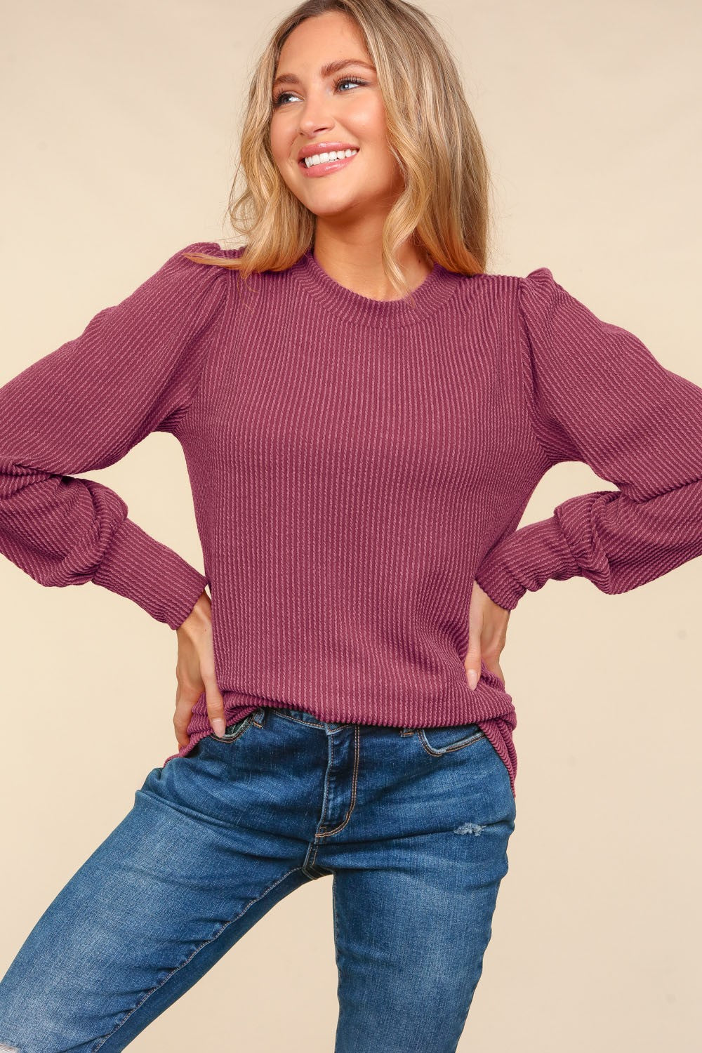 Wine Solid Round Neck Washed Rib Knit Top