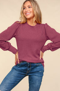 Wine Solid Round Neck Washed Rib Knit Top