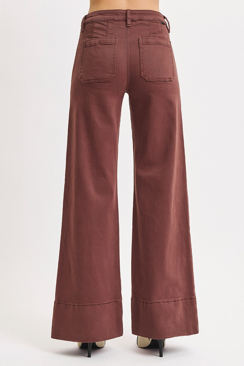 Brown Tummy Control Mid Rise Wide Leg With Wide Hem