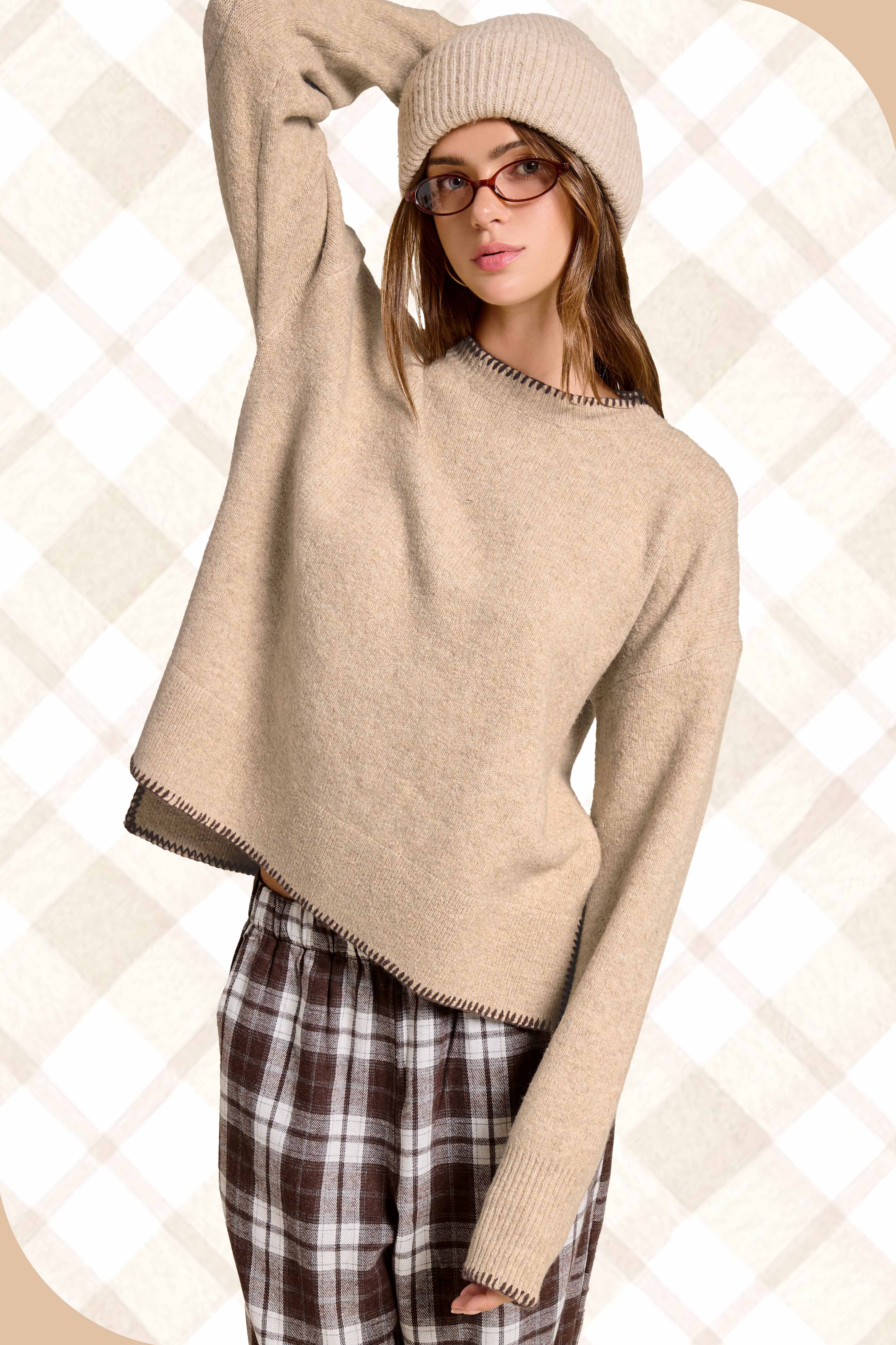 Mushroom Hi-low Crewneck Sweater W/ Contrast Blanket Stitch