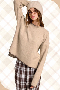 Mushroom Hi-low Crewneck Sweater W/ Contrast Blanket Stitch