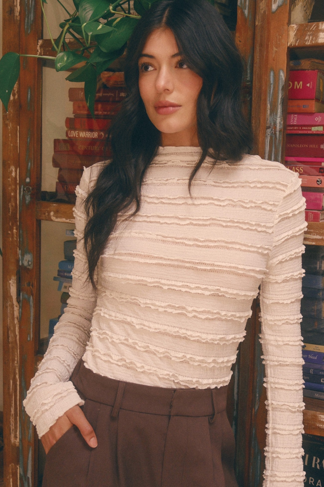 Ivory Mock Neck Ruffled Lace Long Sleeve Top