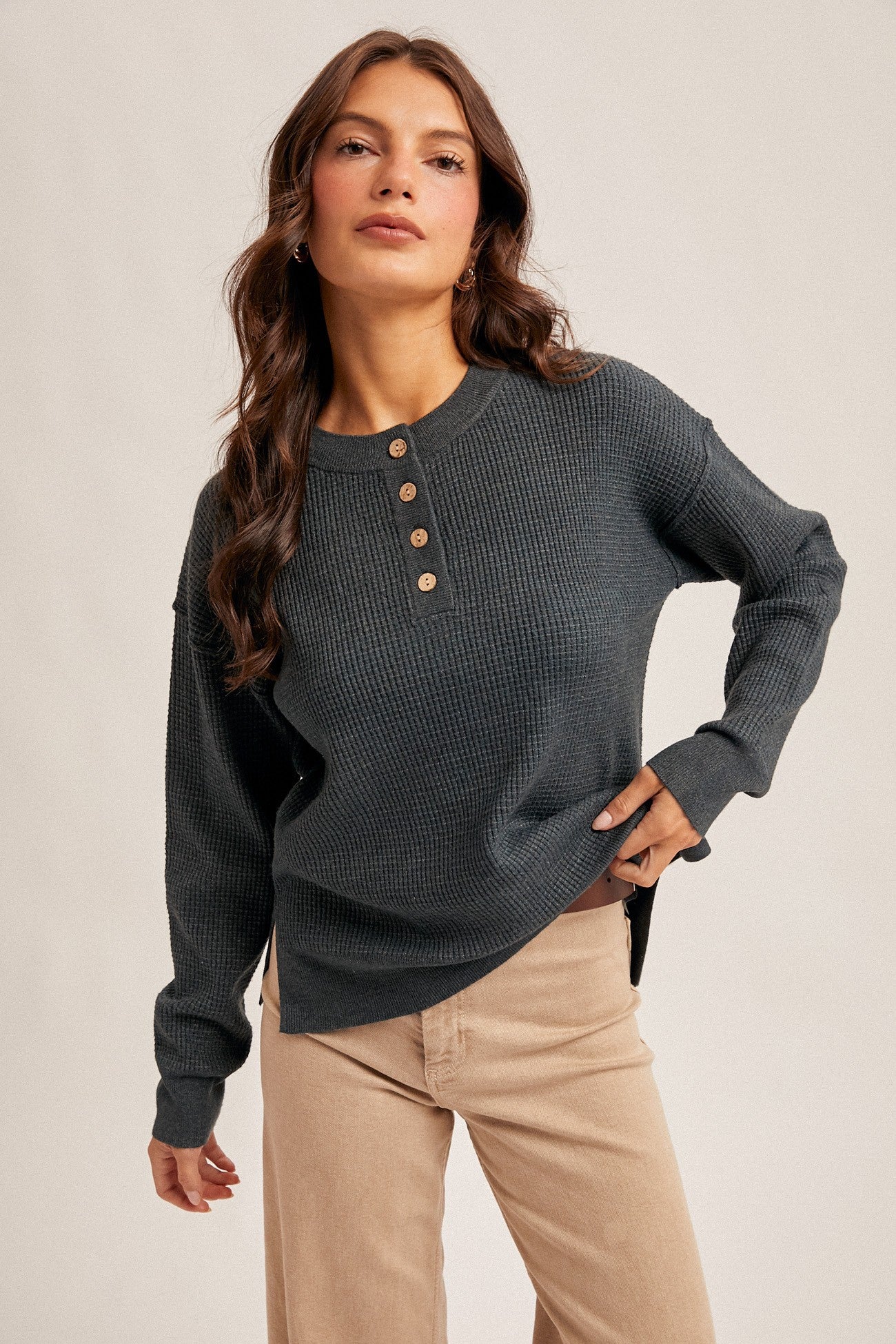 Teal Waffle Sweater Knit Top