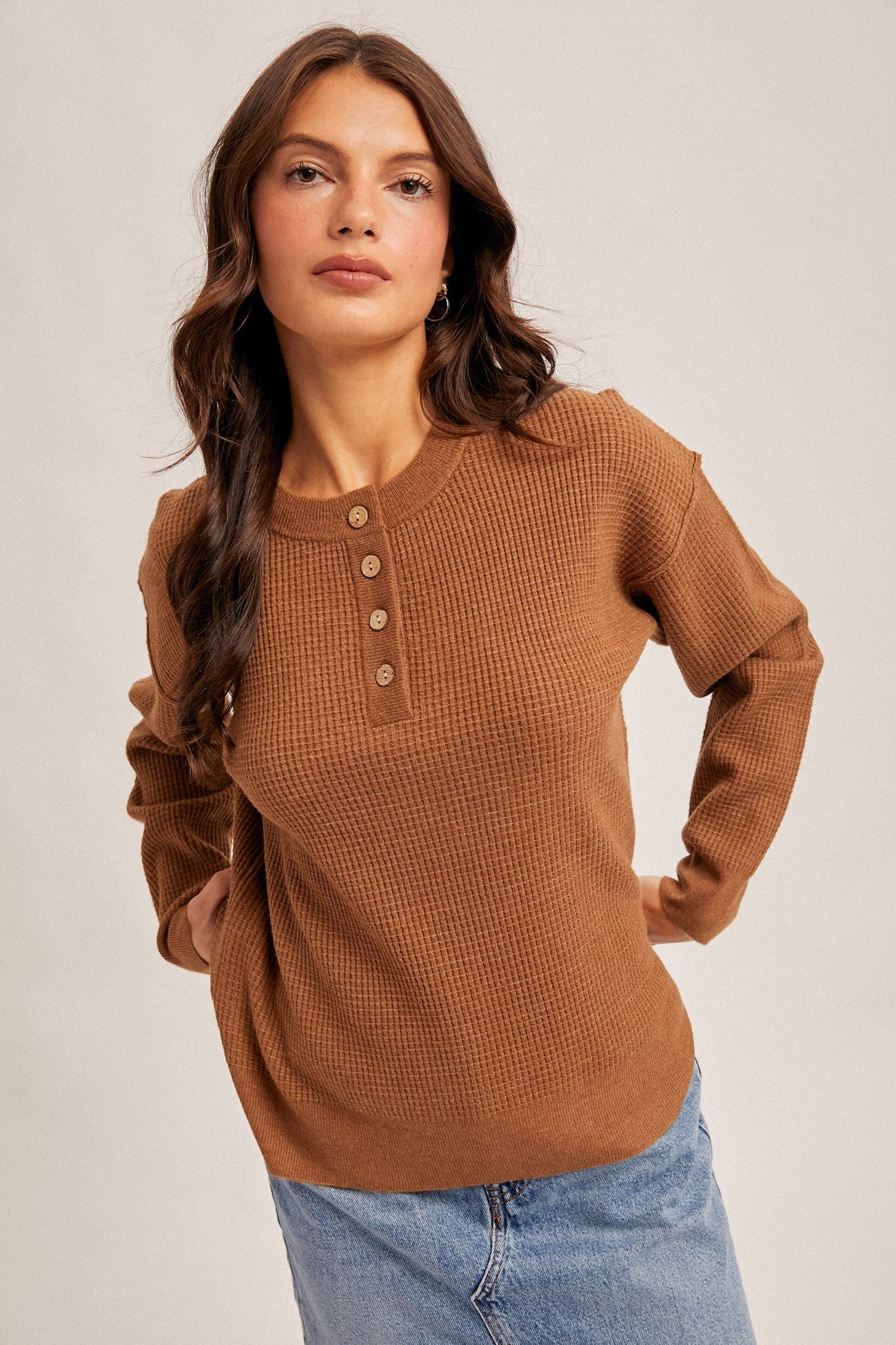 Brown Waffle Sweater Knit Top
