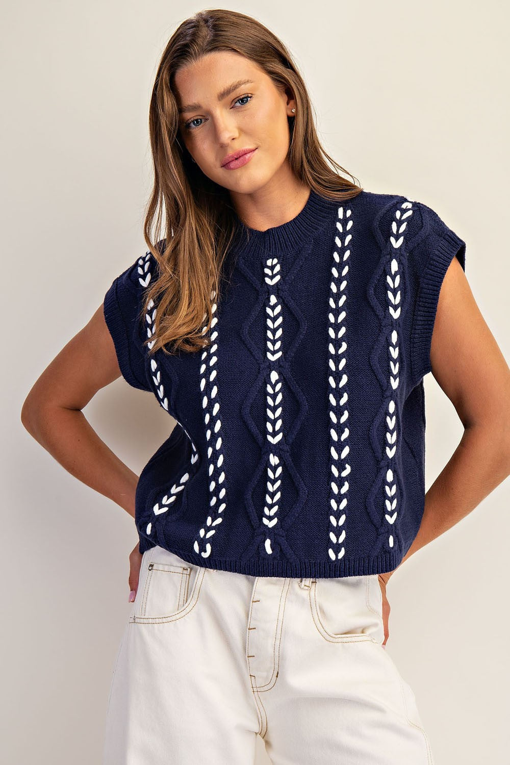 Navy Cable Knit Whipstitch Cropped Sweater