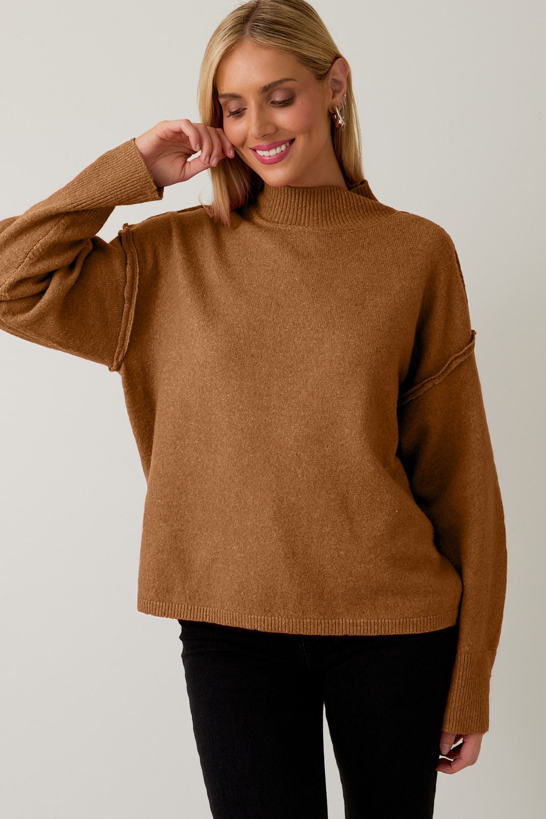 Camel Mock Neck Long Sleeve Sweater
