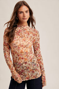 Floral Mesh Print Mock Neck Long Sleeve Top
