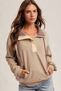 Plum Half Zip Stripe Mixed Brushed Pullover
