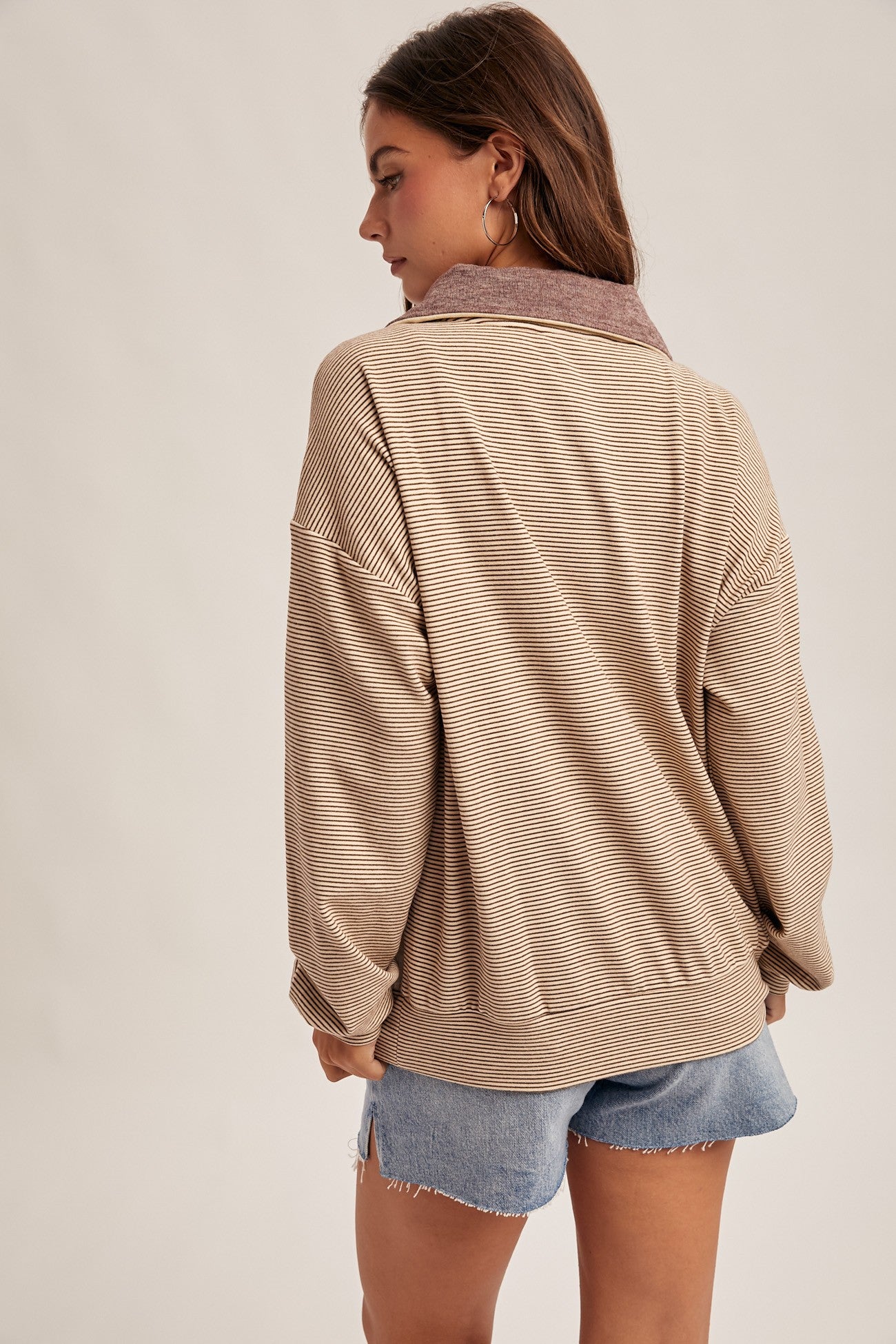 Plum Half Zip Stripe Mixed Brushed Pullover