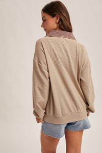 Plum Half Zip Stripe Mixed Brushed Pullover
