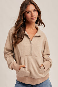 Brown Half Neck Zip Up Wool Knit Top