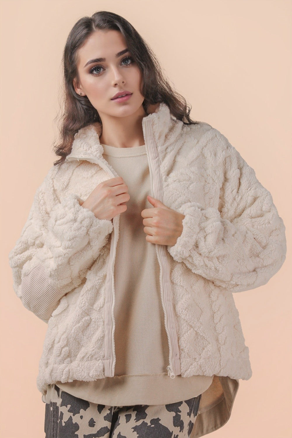 Cream Fuzzy Fleece Cable Zip Up Jacket