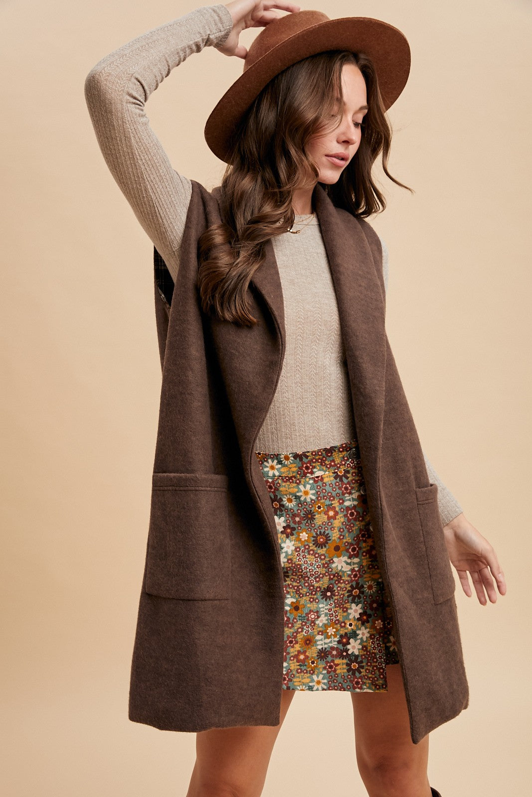 Deep Mocha Brushed Knit Open Long Vest