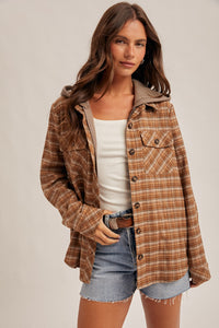 Caramel Button Down Plaid Fleece Lined Hoodie Jacket