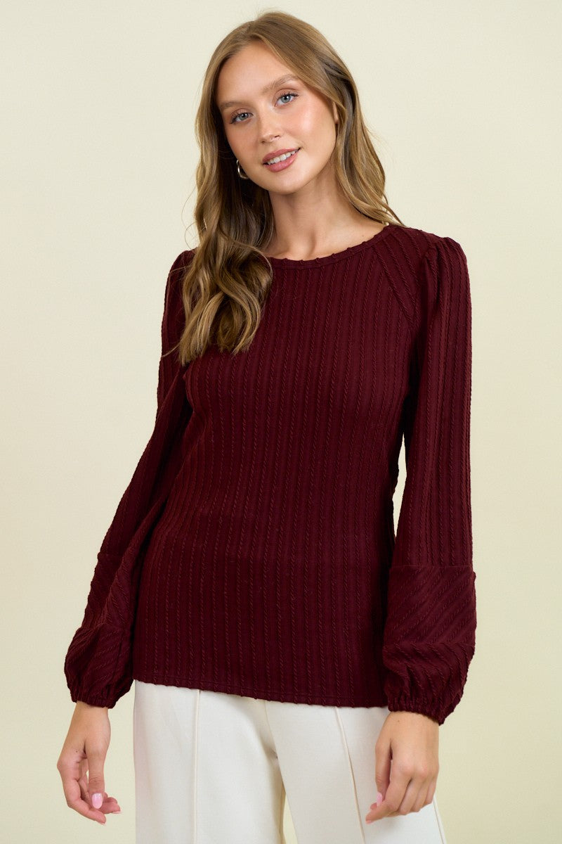 Burgundy Bubble Long Sleeve Textured Knit Top