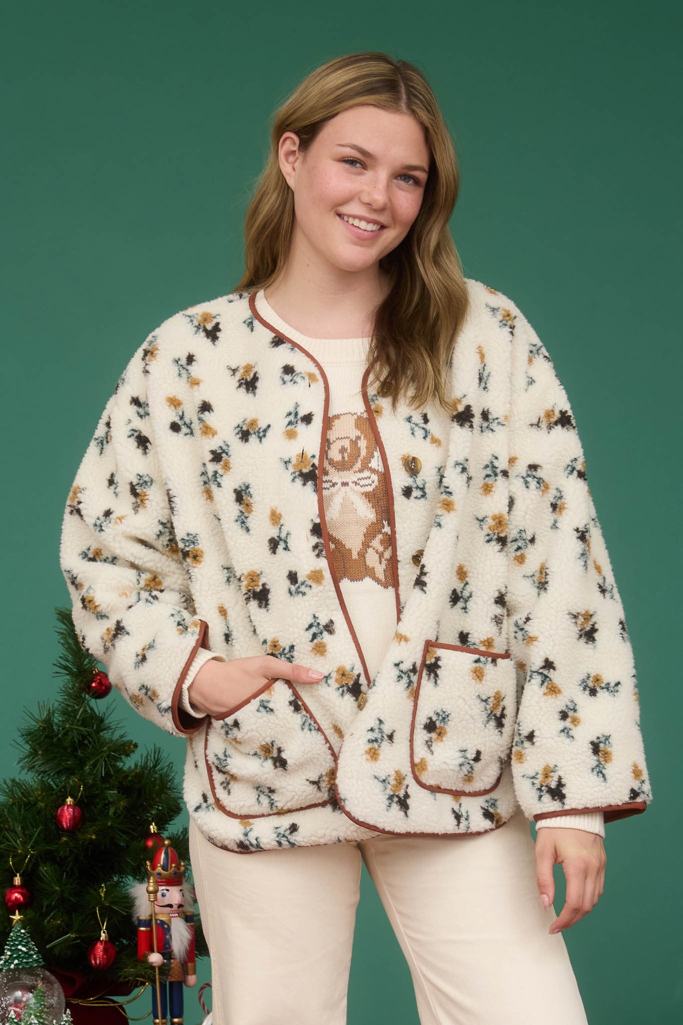 Floral Print Sherpa Jacket