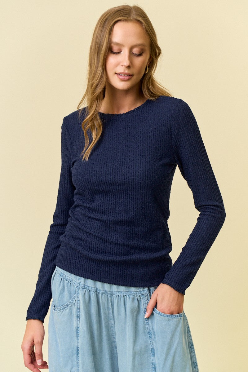 Navy Texture Knit Lace Trimmed Long Sleeve Tee