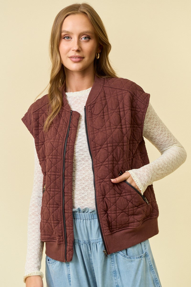 Choco Brown Quilted Jersey Zip Up Vest