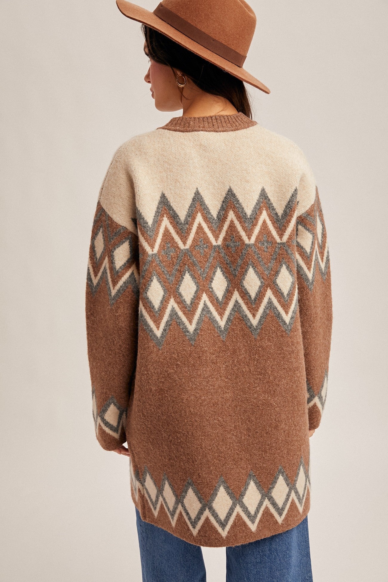 Brown Nordic Patterned Sweater Knit Cardigan