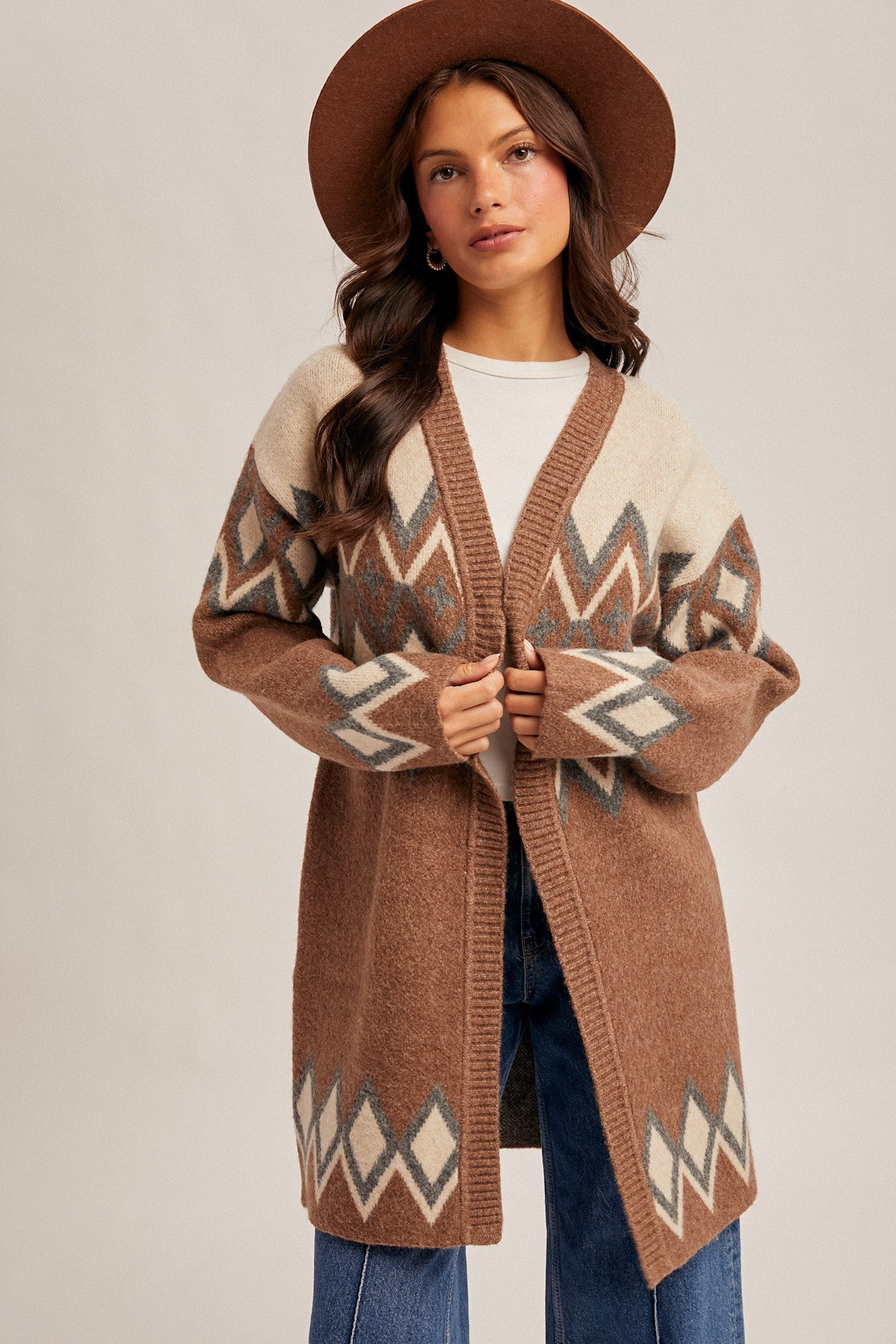 Brown Nordic Patterned Sweater Knit Cardigan