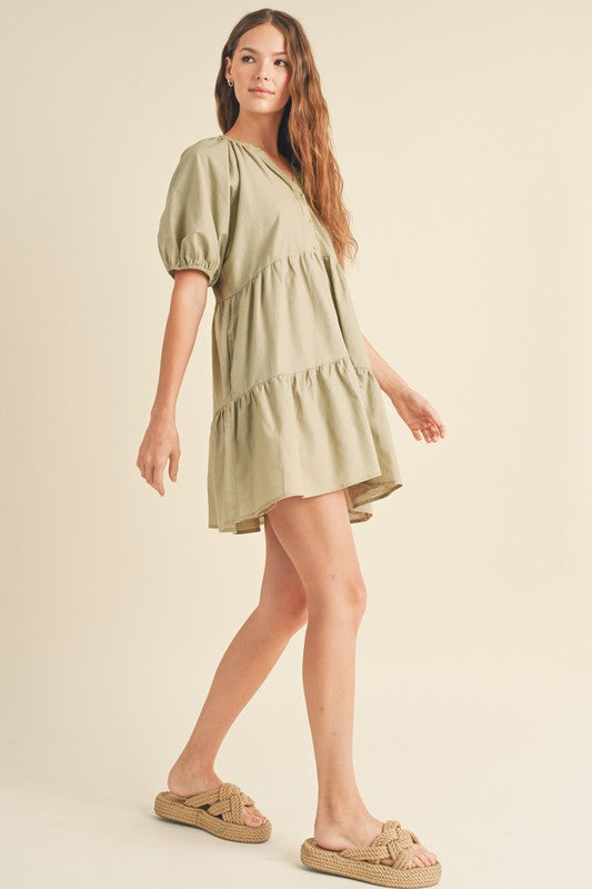 OLIVE LINEN TIERED MINI SHIRT DRESS