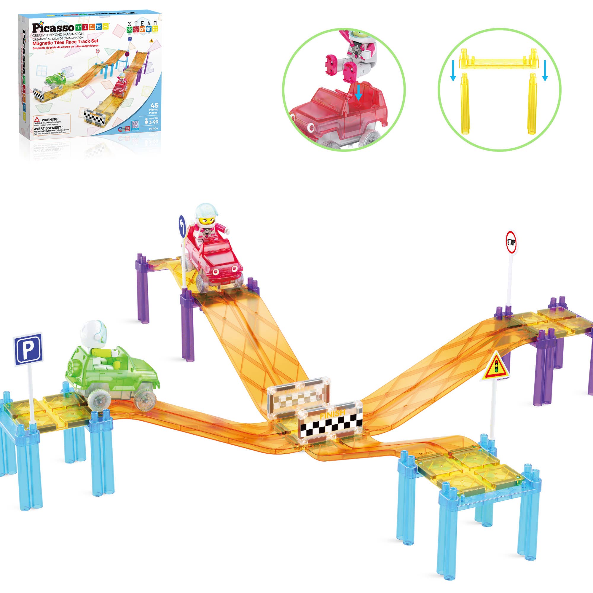 PicassoTiles 45 Pcs Race Car Tracks with Slopes for Racing