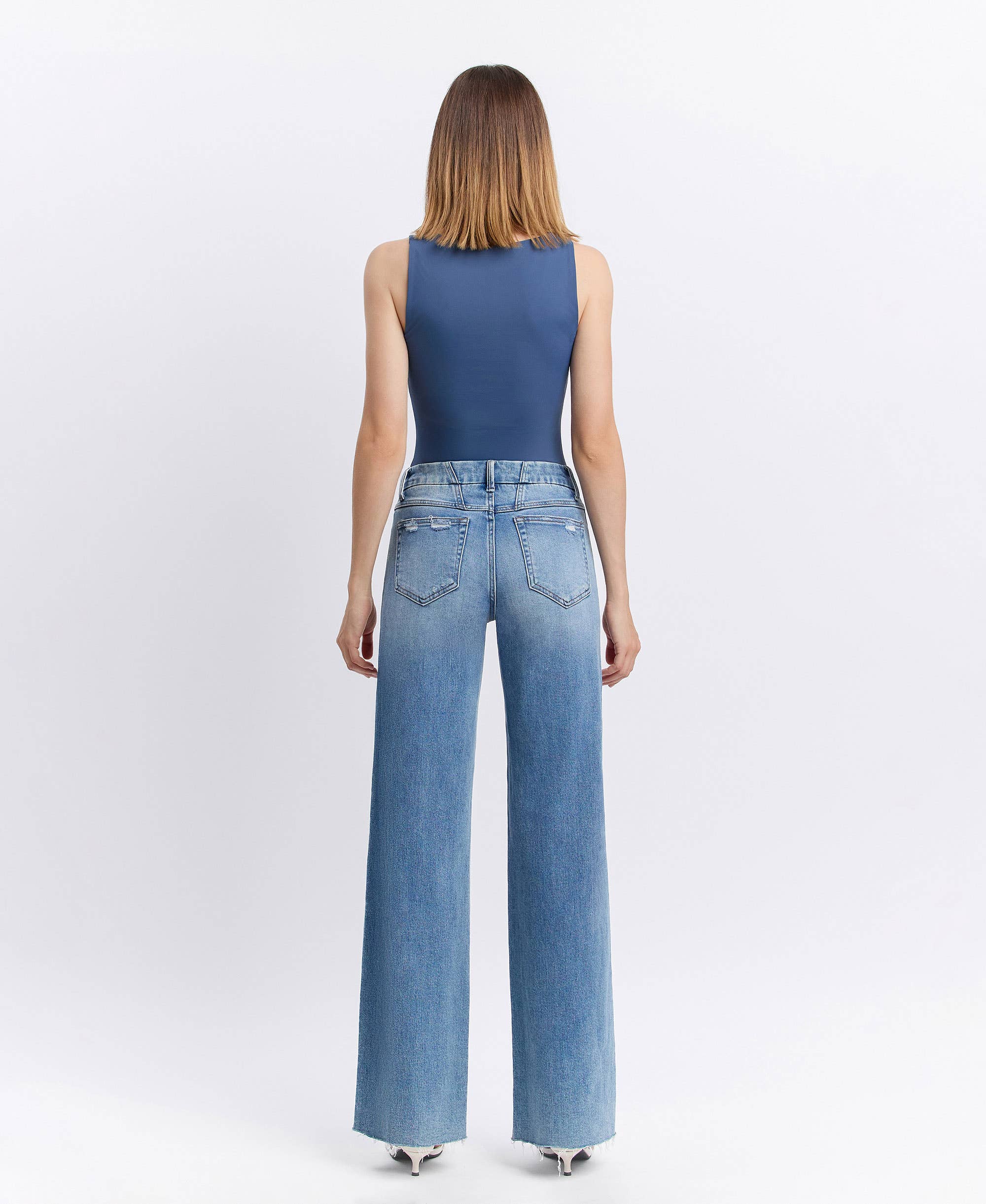 VOUCHSAFE MID RISE CLEAN CUT RAW HEM WIDE JEANS