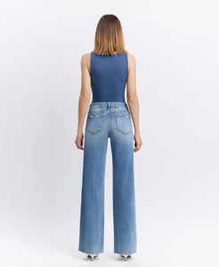 VOUCHSAFE MID RISE CLEAN CUT RAW HEM WIDE JEANS