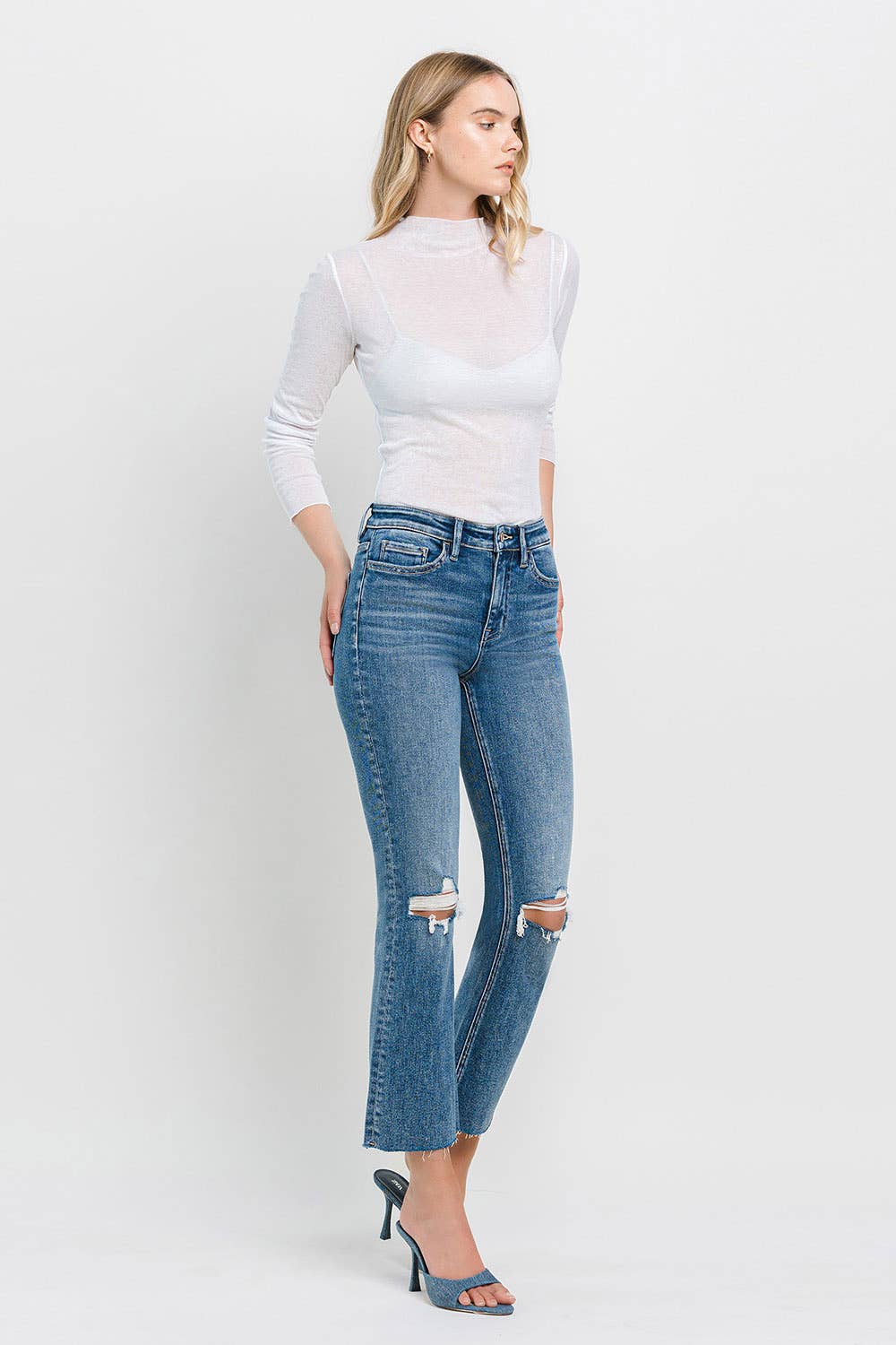 VERVET HIGH RISE CLEAN CUT HEM CROP FLARE JEANS