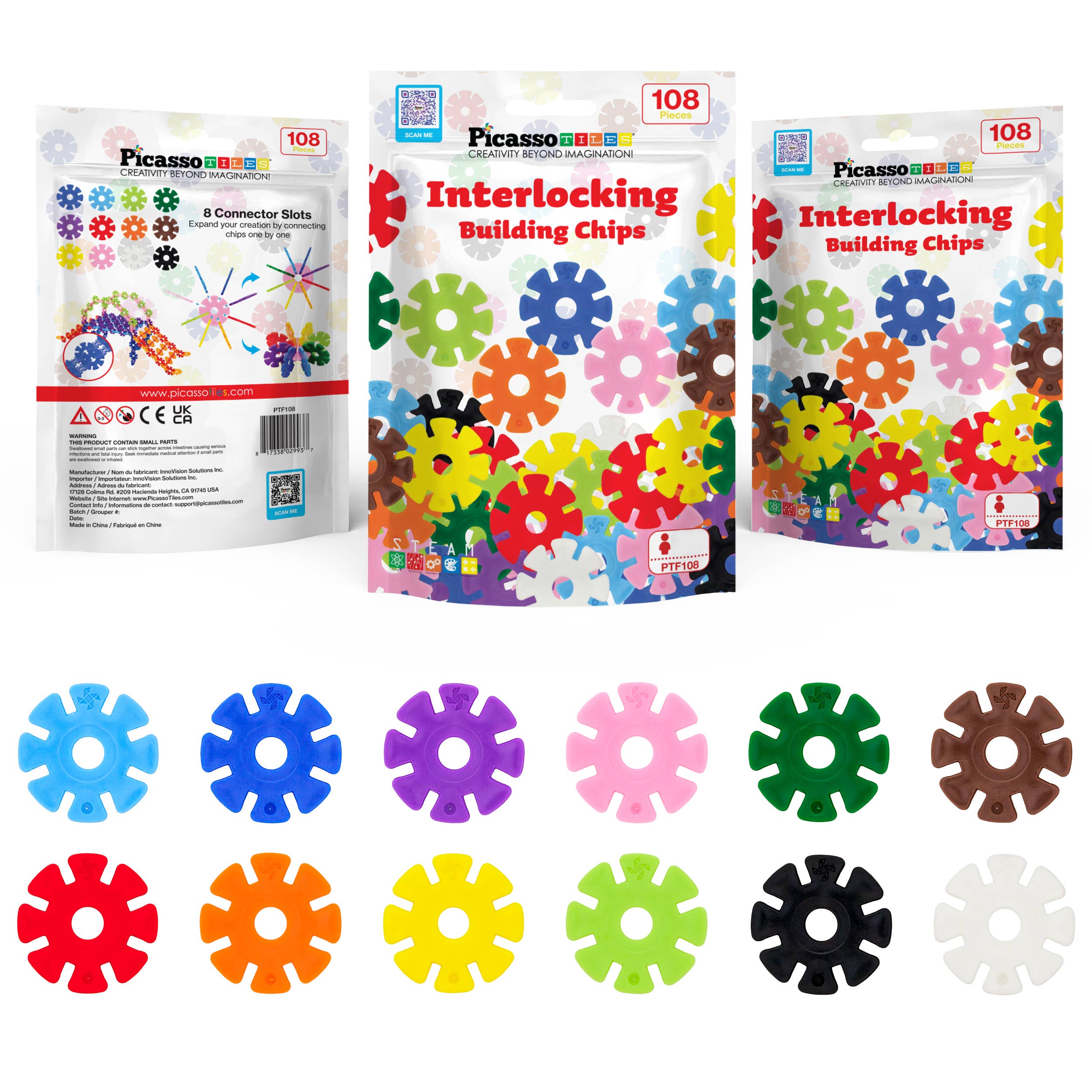 PicassoTiles 108pc Building Chips in 12 colors PTF108-MIX