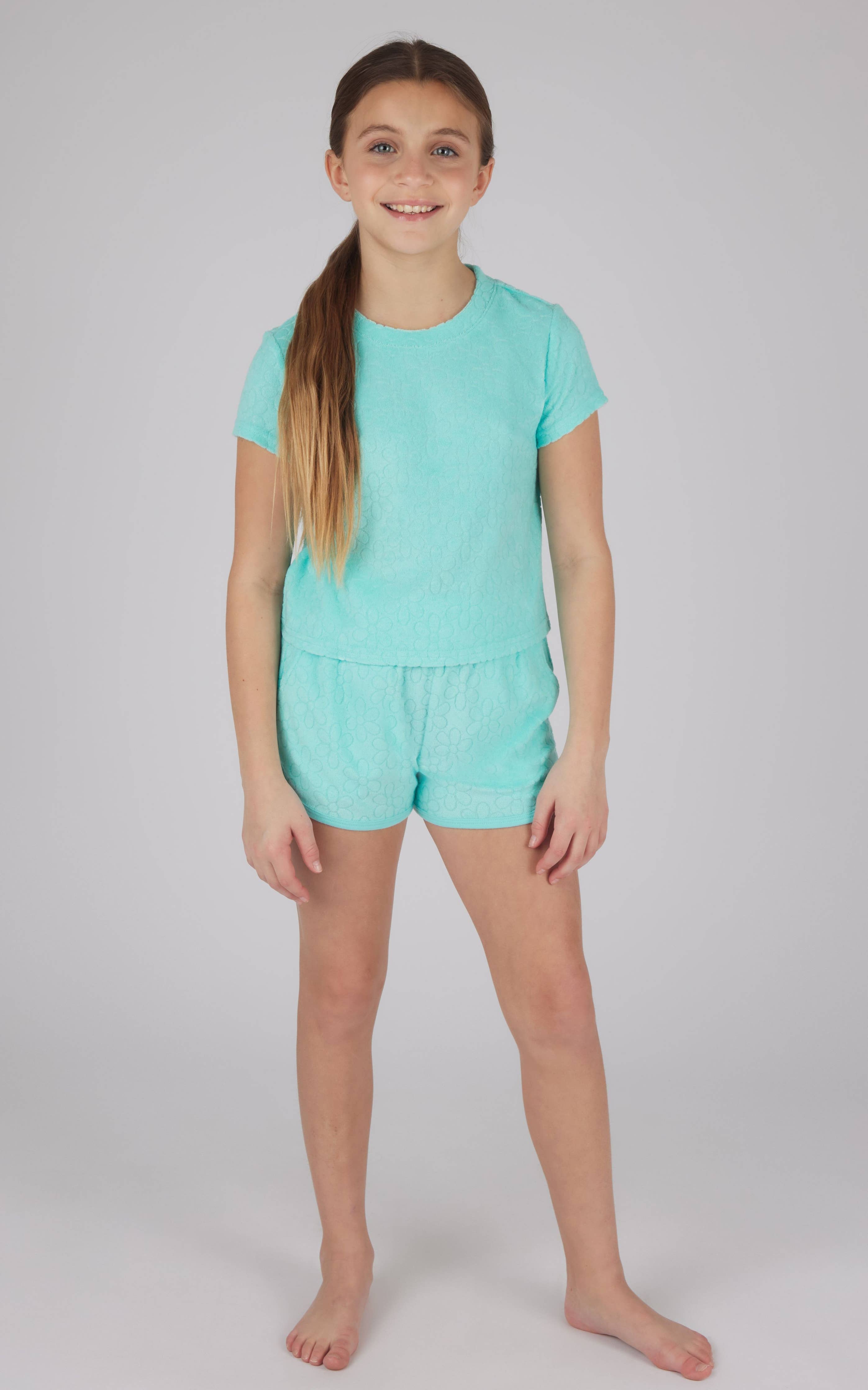 Teal Girls Towel Terry Short Sleeve Top and Short
