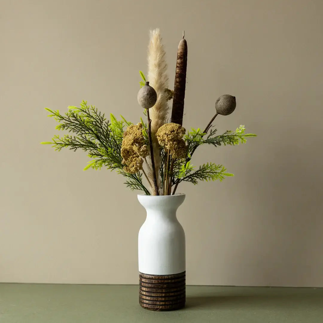 Arlen Carved Wood Dried Florals Vase White