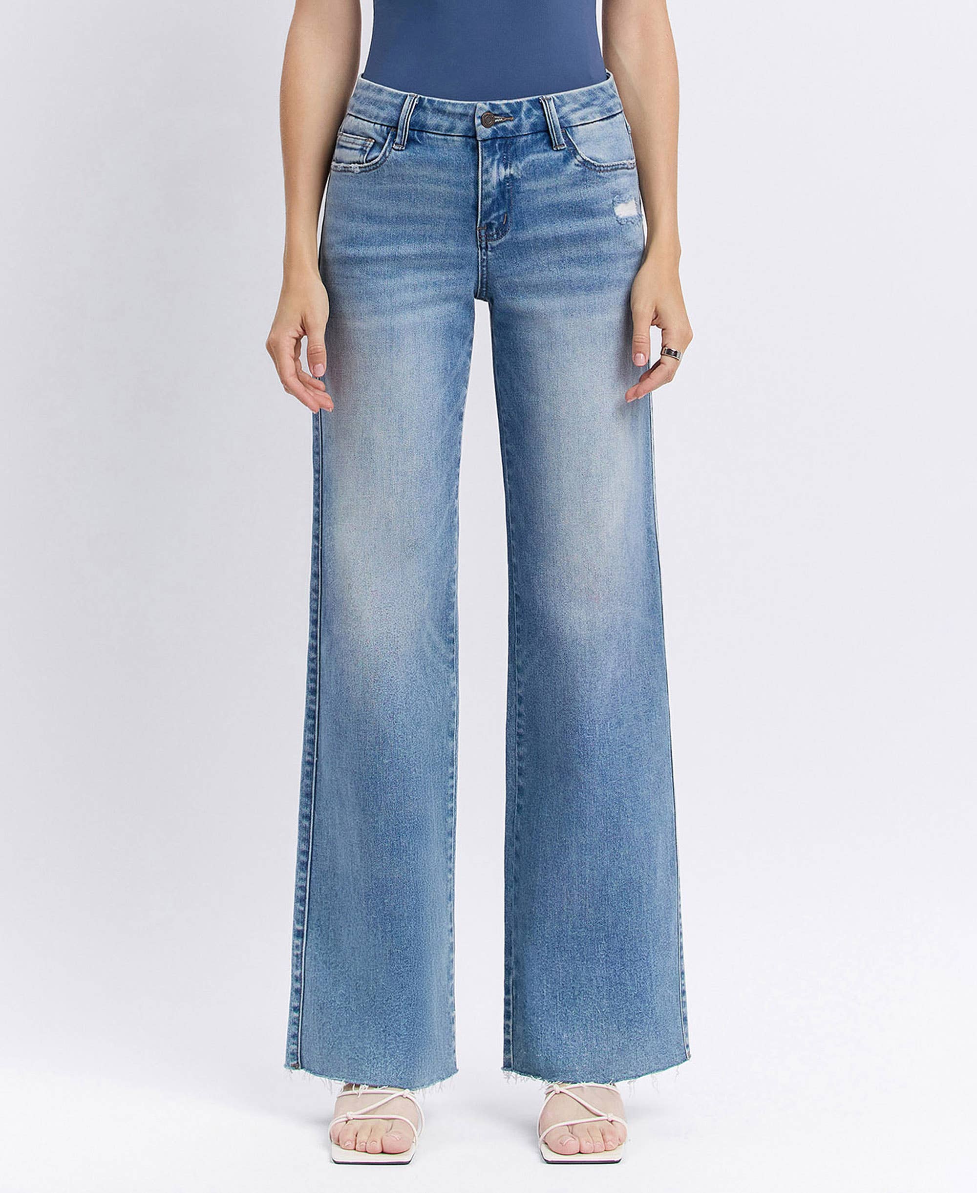 VOUCHSAFE MID RISE CLEAN CUT RAW HEM WIDE JEANS