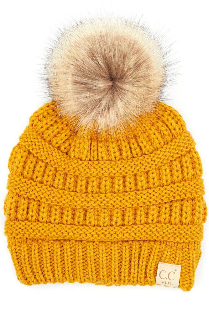 Black C.C Kids Solid Ribbed Beanie with Pom
