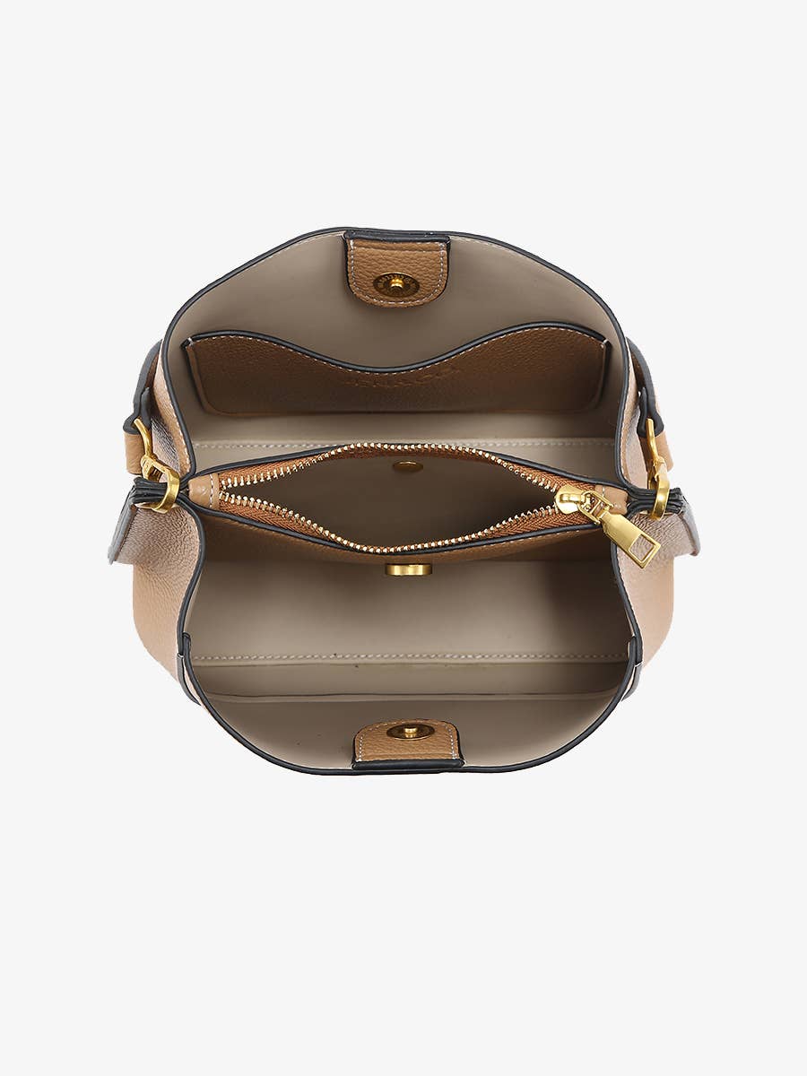 Tan Corinna Bucket Bag w/ Two-Toned Canvas Guitar Strap