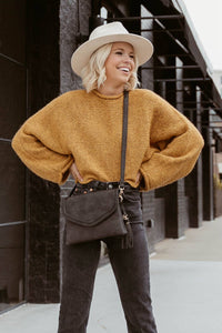 Black Sloane Flapover Crossbody w/ Whipstitch and Tassel