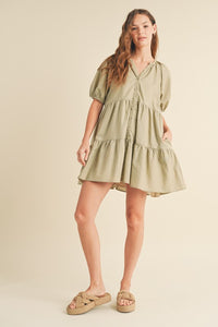 OLIVE LINEN TIERED MINI SHIRT DRESS