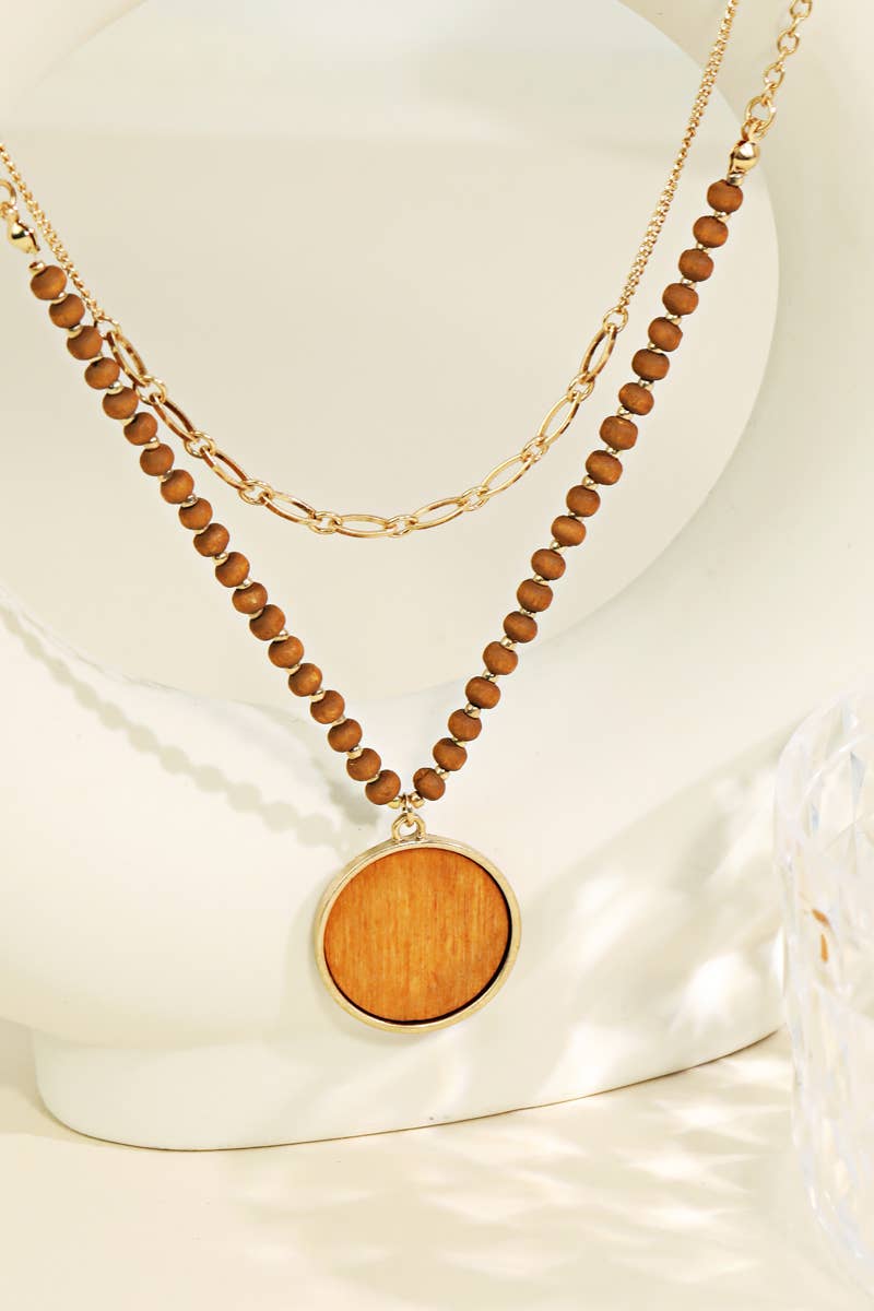 Layered Wooden Circle Disc Pendant Necklace