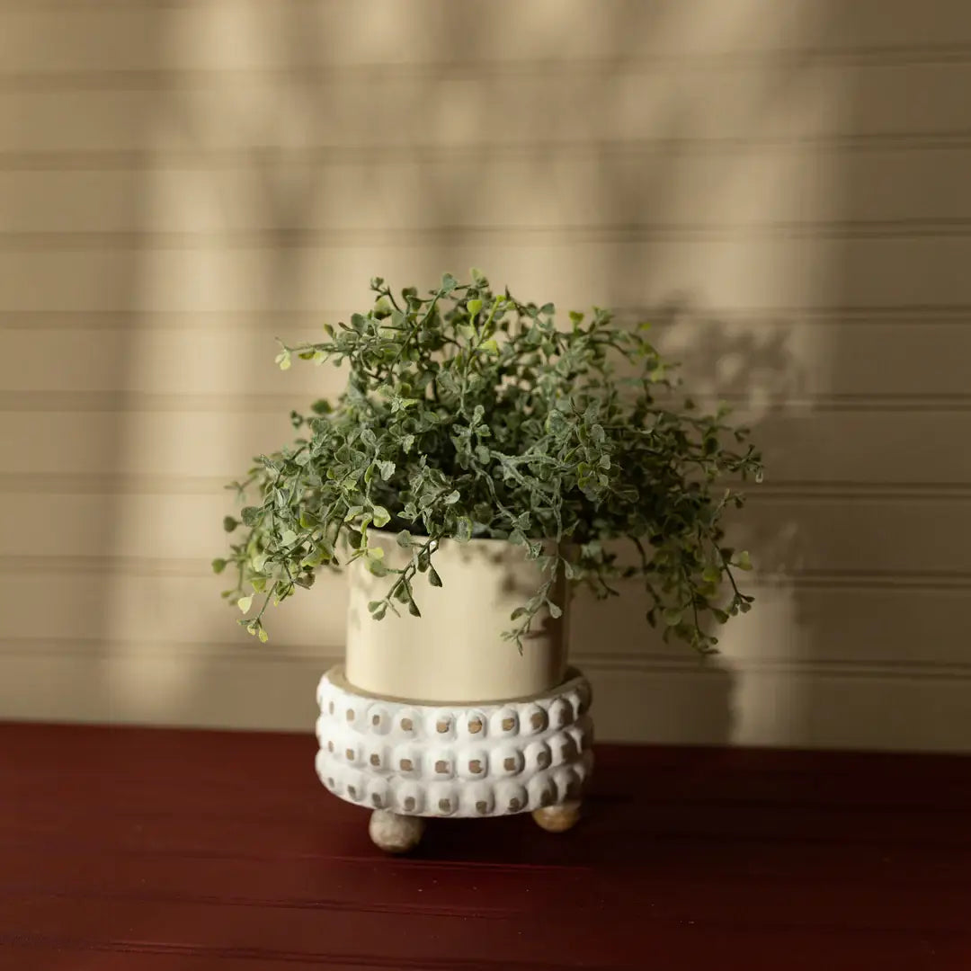 Gigi Ceramic Planter With Whitewahed Wood Bead Plant Stand
