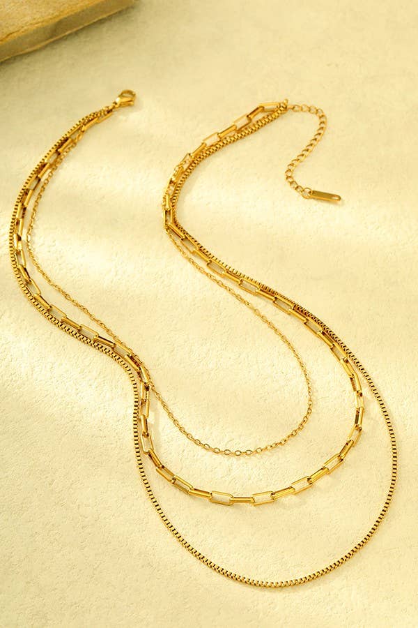 18K Stainless Steel Tarnish-Free Layered Link and Box Chain Necklace