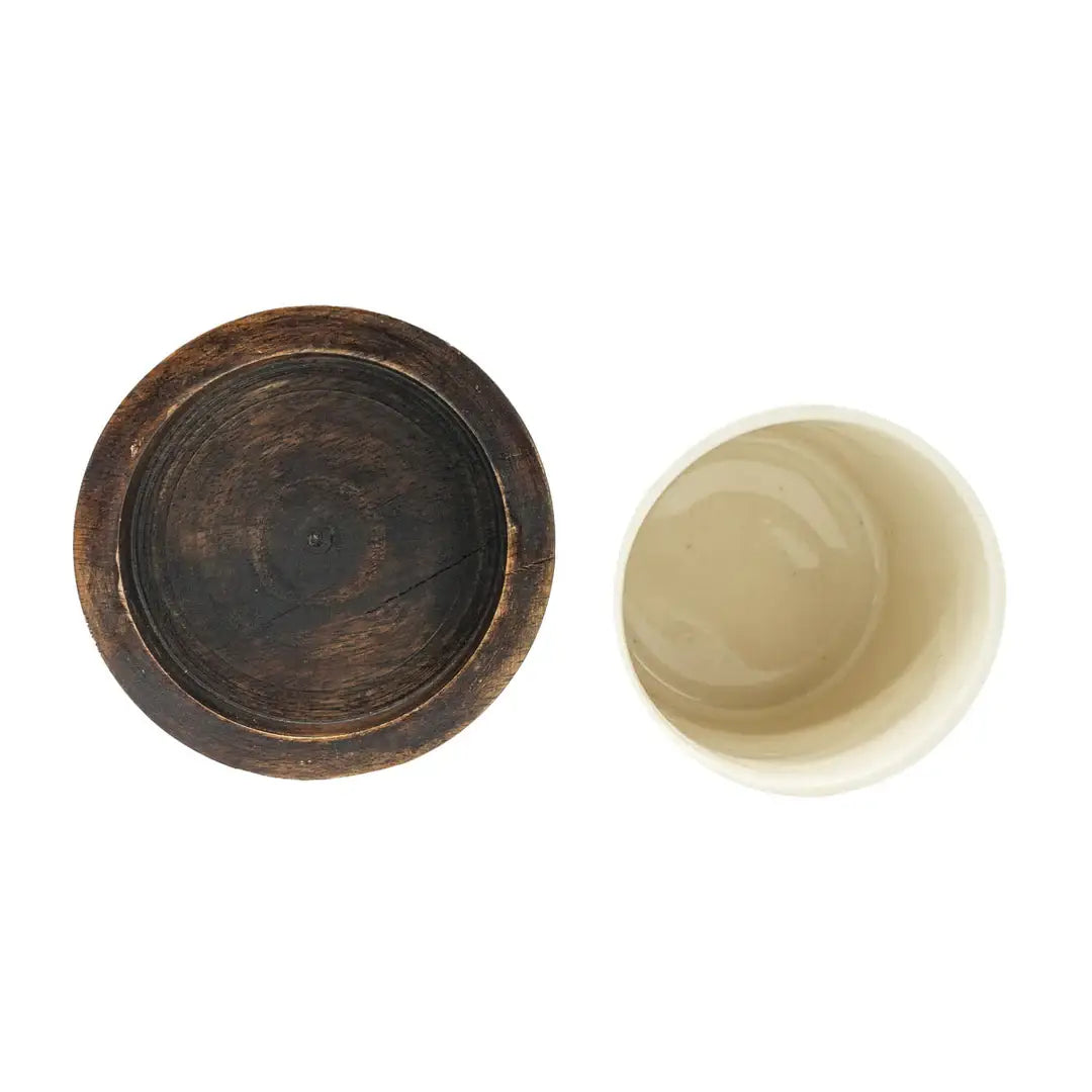 Arlen Ceramic Planter With Carved Wood Plant Stand