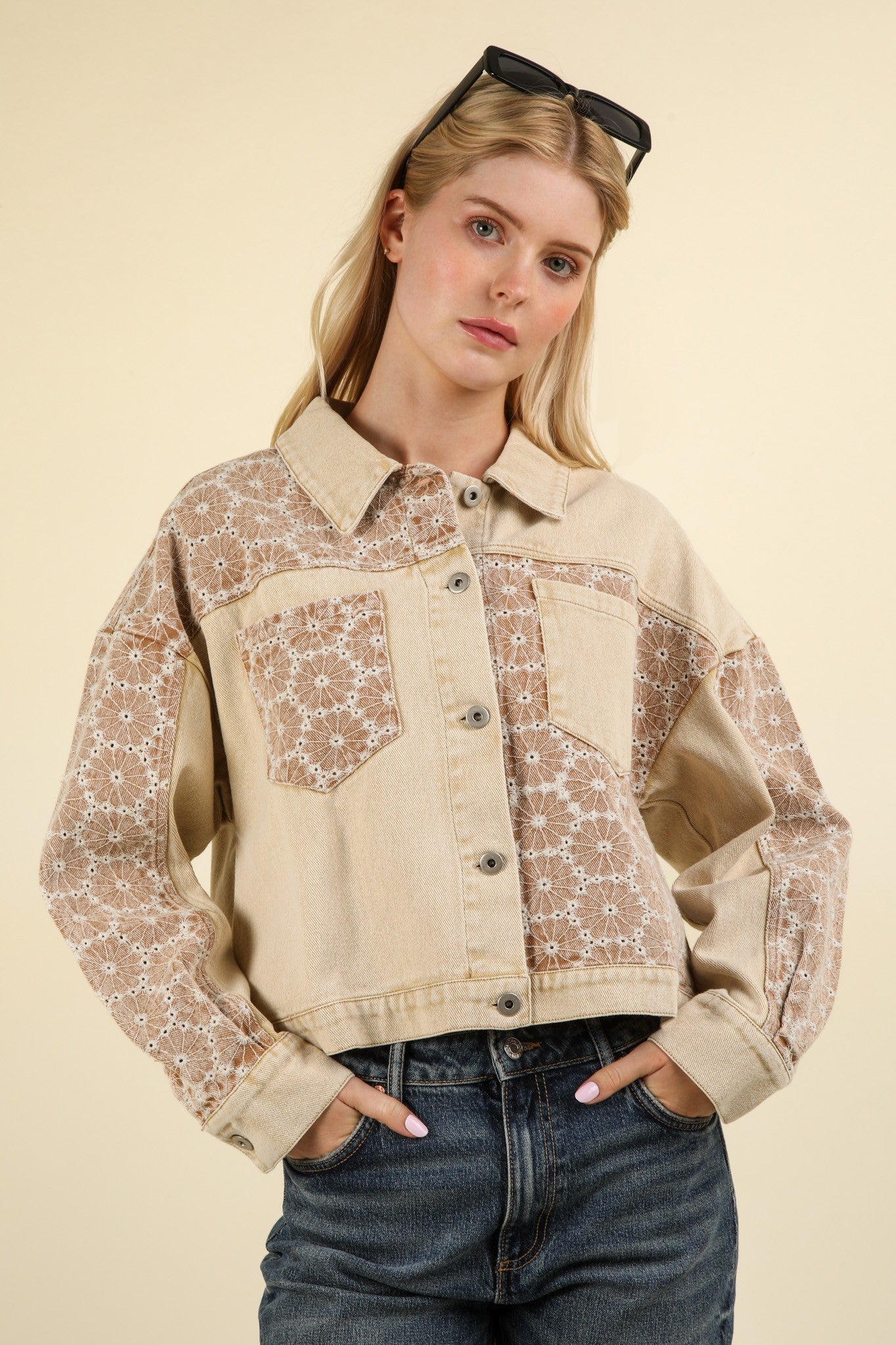 Oversized Taupe Floral Denim Shacket