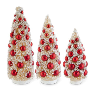 Glittered Cream Bottle Brush Trees with Red Bulbs