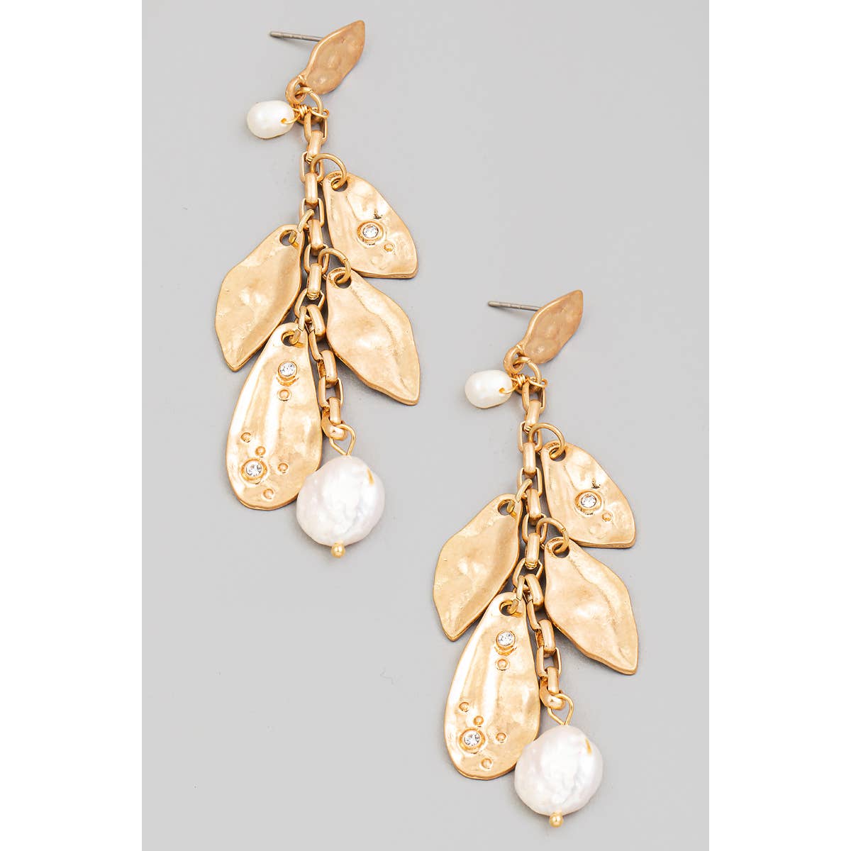 Pearl Leaf Drop Gold Earrings